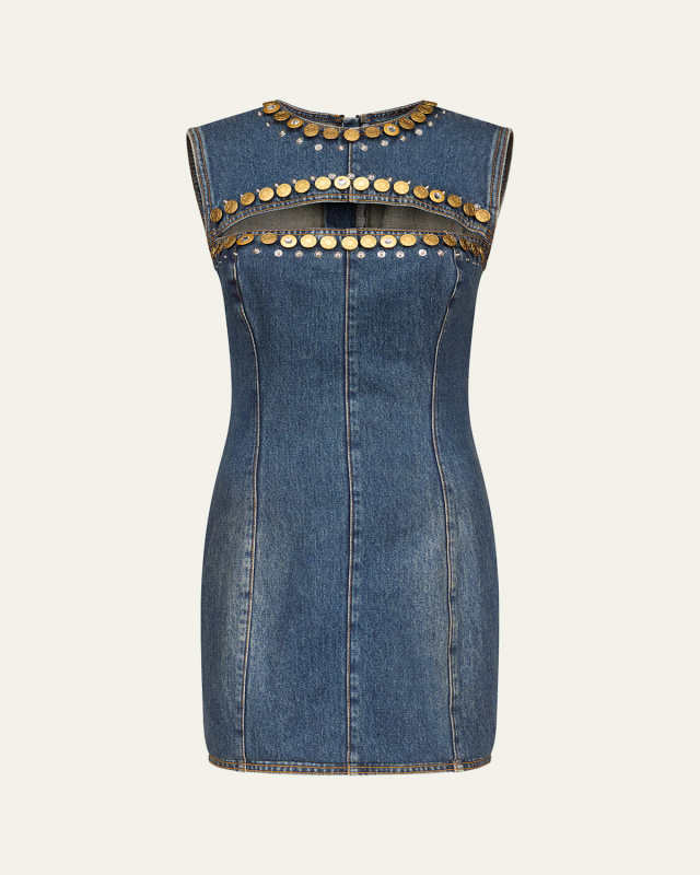Crystal Button Studded Slit Denim Mini Dress